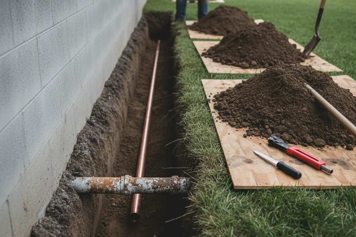 Excavated water line trench during Water Softener Installation in Grand Prairie